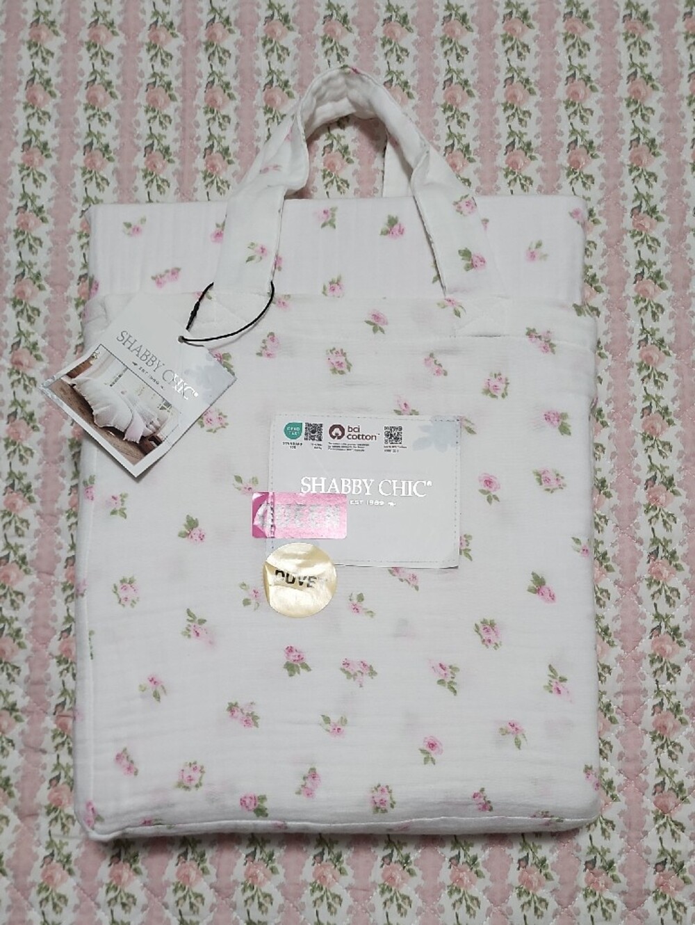 SET Shabby Chic Gauze Cotton Pink Rose Bud Print Duvet Cover + 2 Pillow Covers